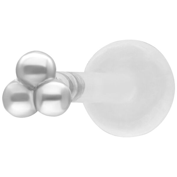 Labret in argento con tre sfere su sfondo bianco