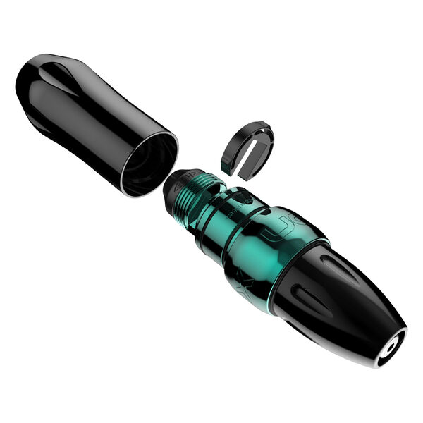 Máquina de tatuaje Xion Pen Seafoam azul sobre fondo blanco