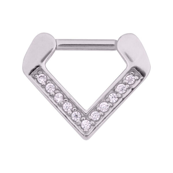 Silberner Septum Clicker in Dreieckform mit klaren Kristallen auf weißem Hintergrund