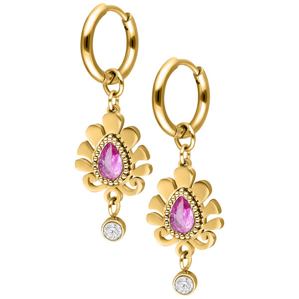 Orecchini dorati con pietra rosa a forma di goccia e pendente in zirconi su sfondo bianco