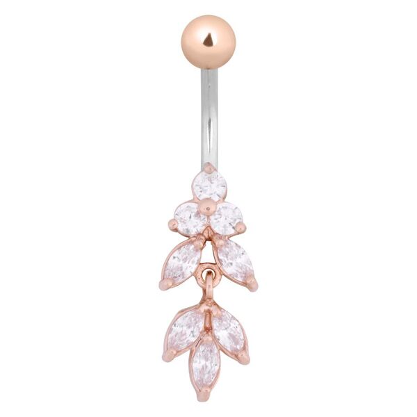 Piercing de ombligo en oro rosa con cristales sobre fondo blanco