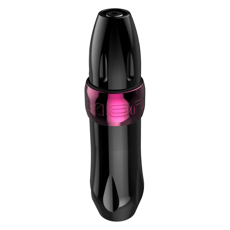 Máquina de tatuar Xion Pen rosa sobre fondo blanco