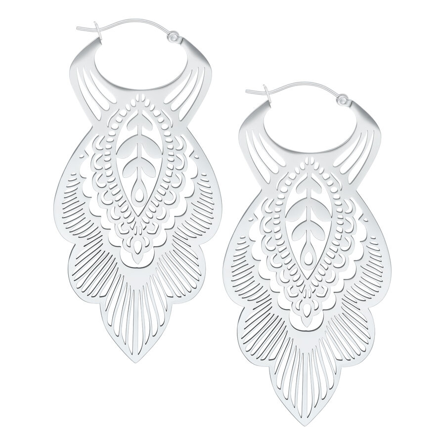 Orecchini Mandala Leaf in acciaio inox argentato su sfondo bianco