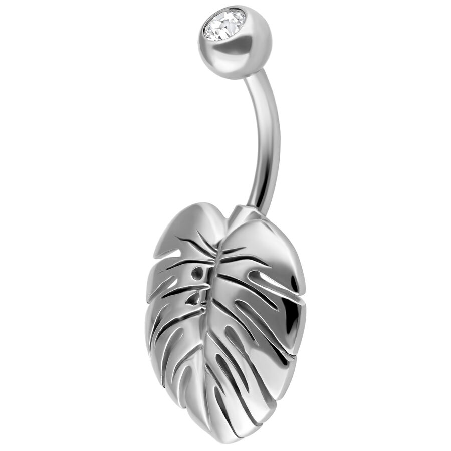 Piercing all'ombelico in argento con foglia di Monstera e cristallo chiaro su sfondo bianco