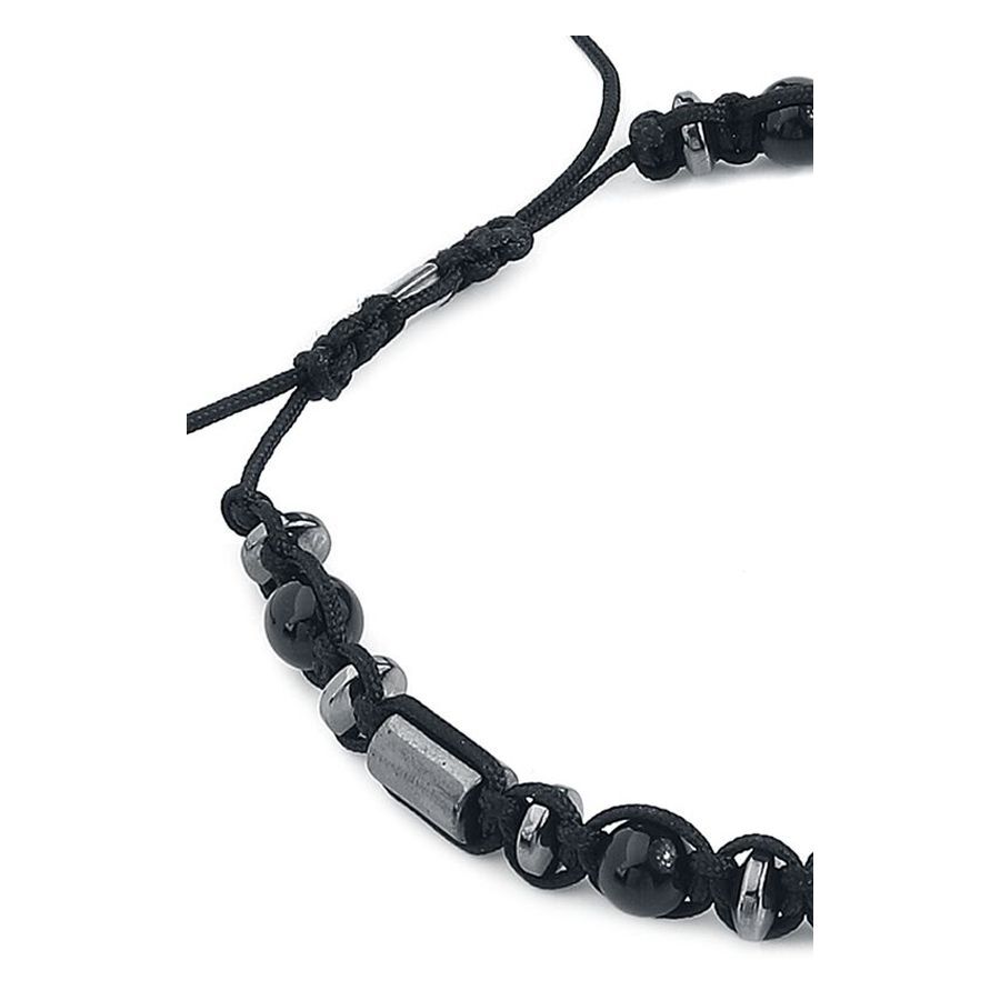Braccialetto nero unisex in nylon con perline di pietra su sfondo bianco