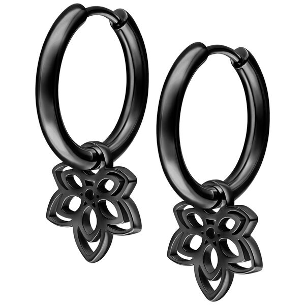 Dos pendientes negros con colgante de flor sobre fondo blanco