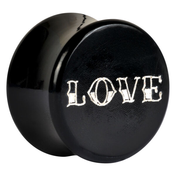 Schwarzer Hornplug mit 'LOVE'-Aufschrift in Platin, Größe 28 mm
