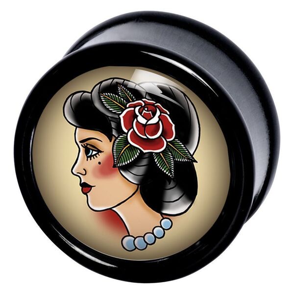 Schwarzer Plug mit Oldschool Frauenportrait, Rose und Perlenkette