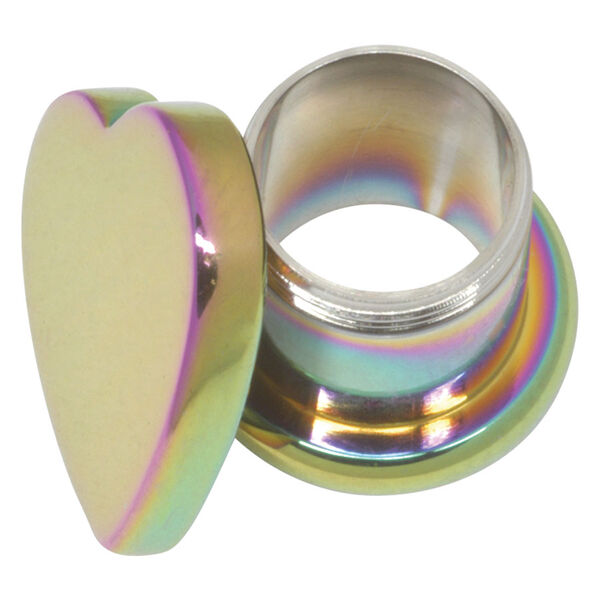 Goldener Plug mit Herzform und Regenbogen-Effekt auf weißem Hintergrund