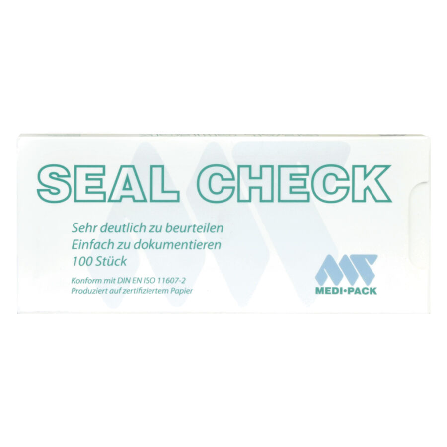 Confezione bianca Seal Check di Medi Pack con testo e logo