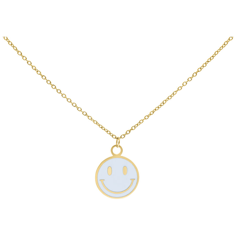 Collana dorata con ciondolo Smiley bianco su sfondo bianco