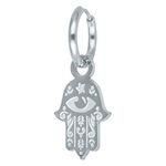 Orecchino Mano di Hamsa in acciaio inox argentato su sfondo bianco