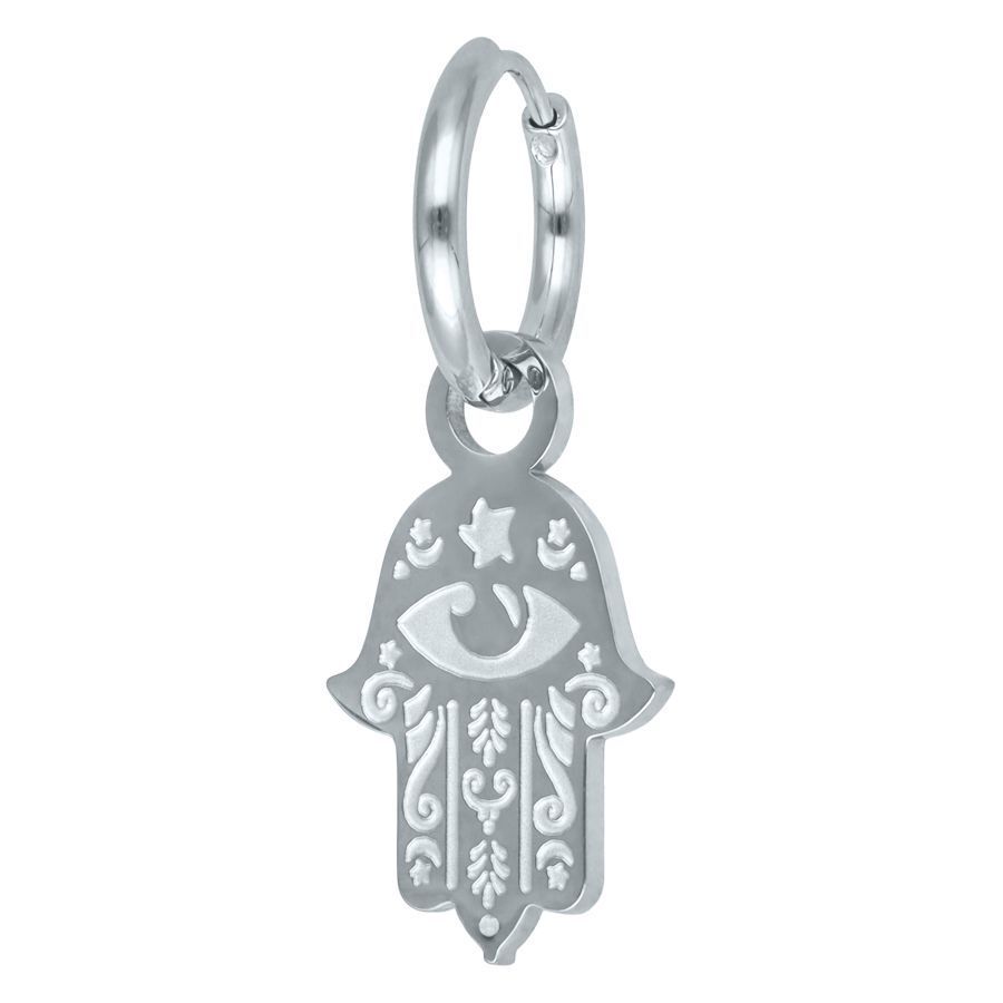 Orecchino Mano di Hamsa in acciaio inox argentato su sfondo bianco