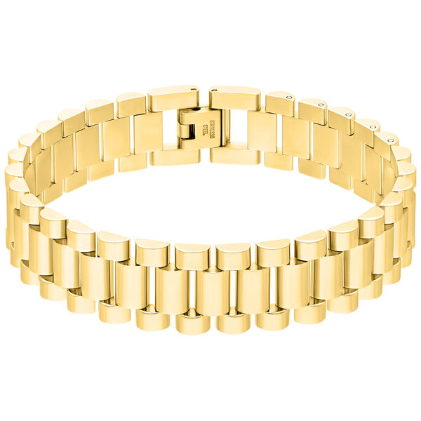 Elegante pulsera de reloj dorada de acero quirúrgico sobre fondo blanco