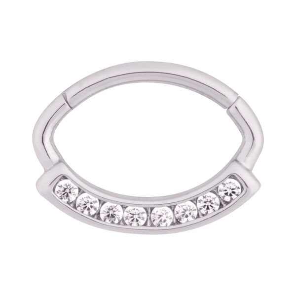 Silberner Channel Hinged Ring mit klaren Kristallen auf weißem Hintergrund