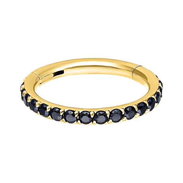 Anillo dorado con cristales negros, 1,2 mm de grosor, sobre fondo blanco