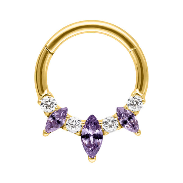 Septum Clicker de oro con cristales de amatista sobre fondo blanco