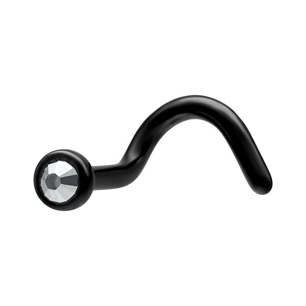 Piercing al naso in titanio nero con cristallo cristallino su sfondo bianco