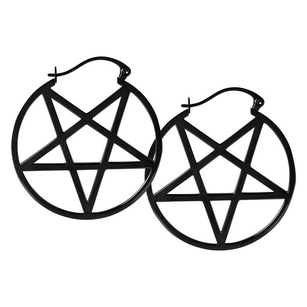 Dos pendientes negros de pentagrama de acero quirúrgico sobre fondo blanco