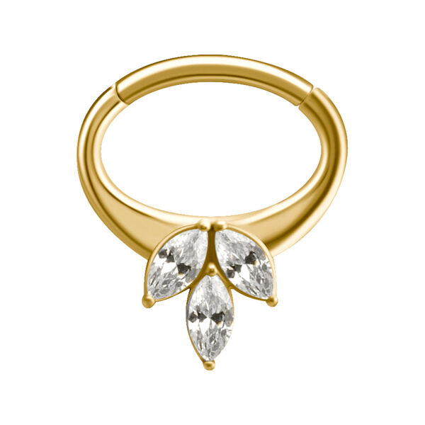 Goldener Hinged Dolores Clicker mit drei klaren Kristallen auf weißem Hintergrund