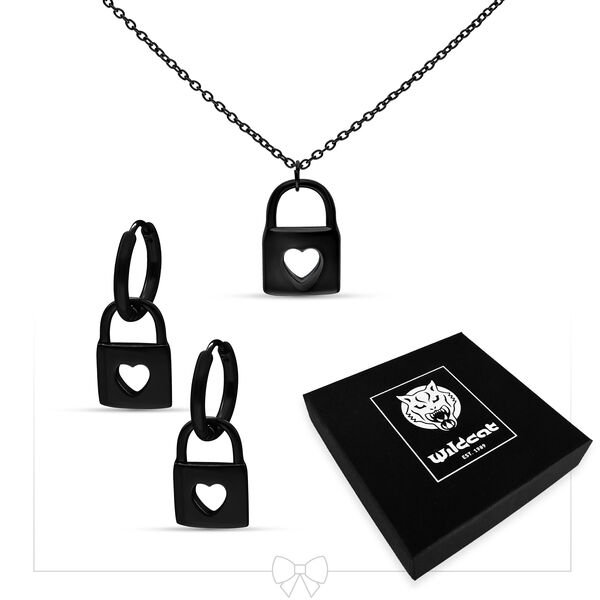 Set di gioielli nero con design a lucchetto composto da collana e orecchini su sfondo bianco
