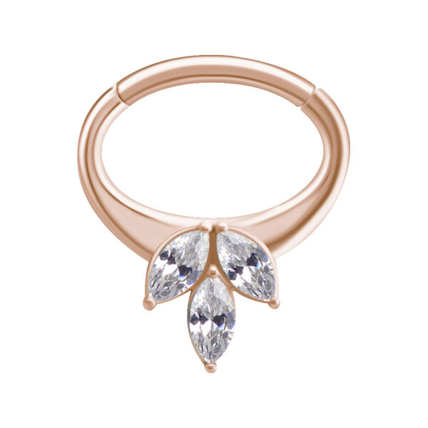 Roségoldener Hinged Clicker mit drei klaren Kristallen auf weißem Hintergrund