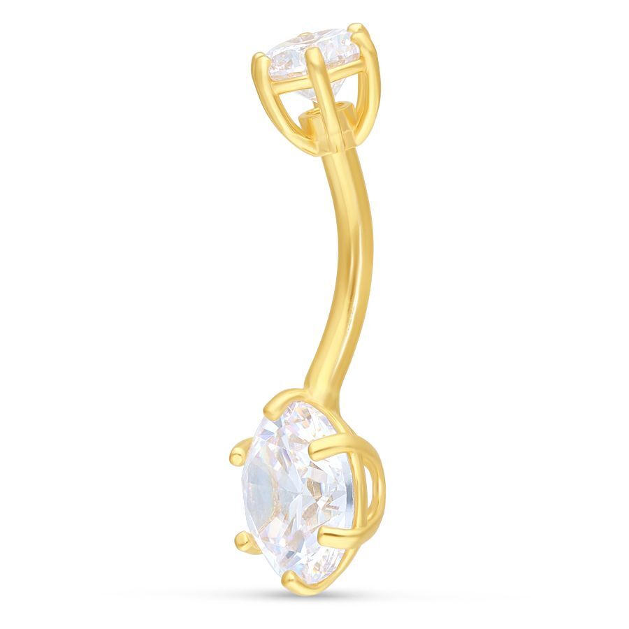 Bananabell in oro 18K con due cristalli chiari su sfondo bianco