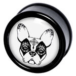 Musta PMMA-plugi valkoisella taustalla ja bulldog-kuvio Dia de los Muertos -tyyliin