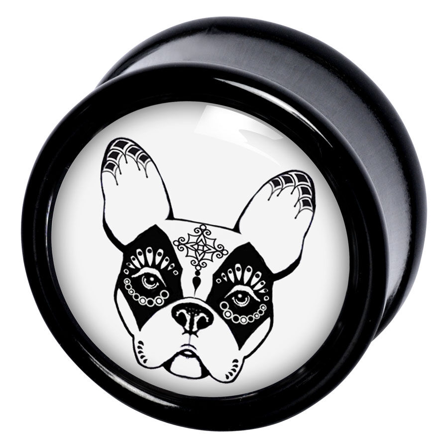 Musta PMMA-plugi valkoisella taustalla ja bulldog-kuvio Dia de los Muertos -tyyliin