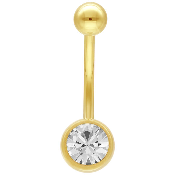 Goldenes Bauchnabelpiercing mit klarem Kristall auf weißem Hintergrund