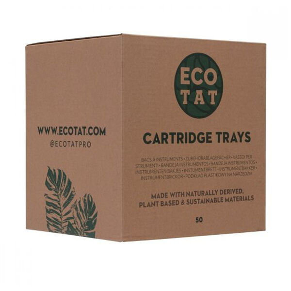 Scatola marrone con logo EcoTat verde e scritta 'Cartridge Holder 50 pcs'.
