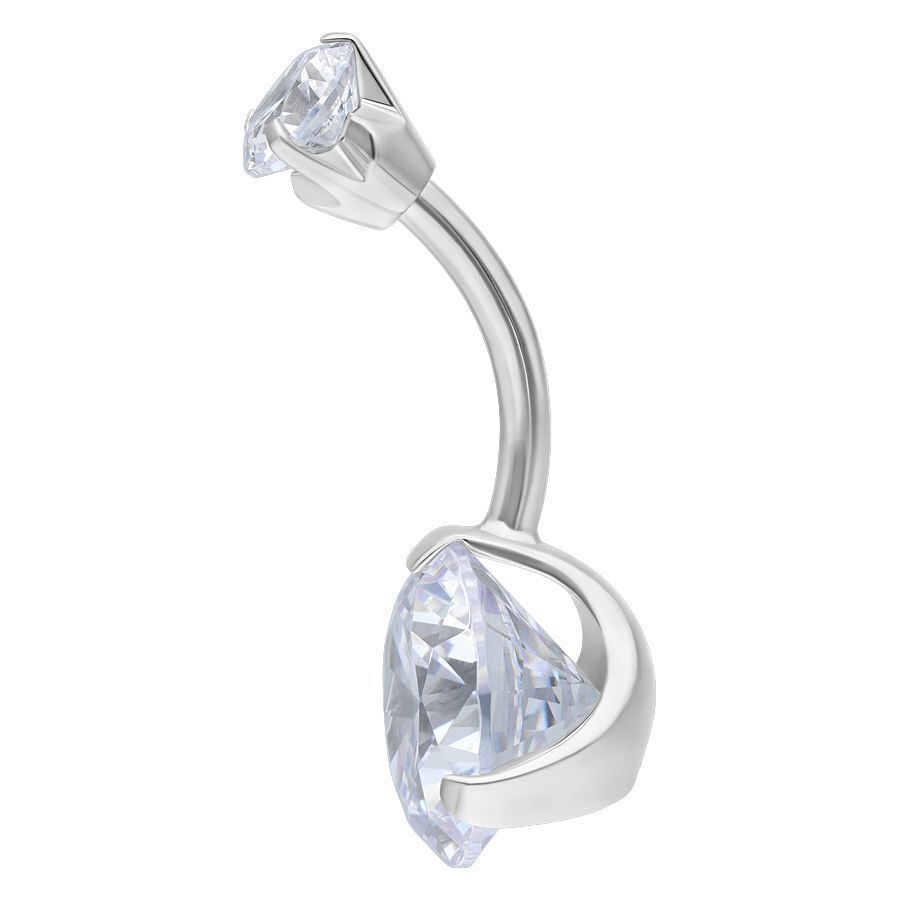 Piercing Bananabell plateado con grandes cristales claros sobre fondo blanco
