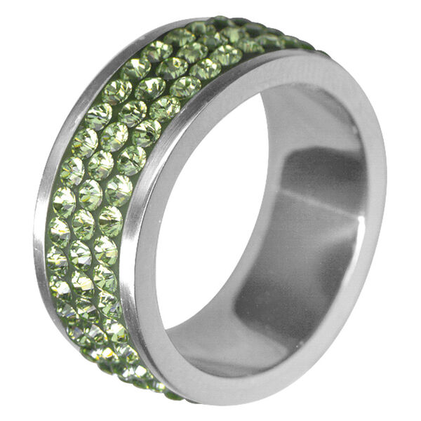 Silberner Ring mit hellgrünen Kristallen, Größe 54, auf weißem Hintergrund