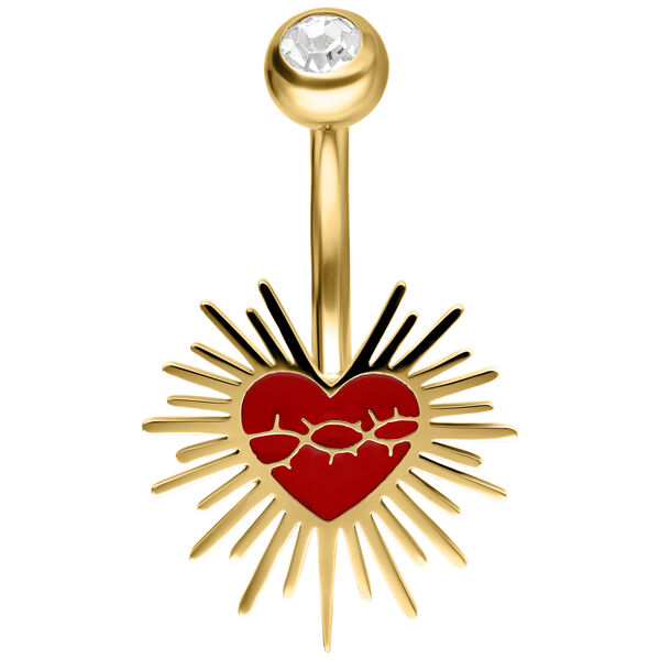 Banana de oro con motivo de corazón rojo y strass sobre fondo blanco