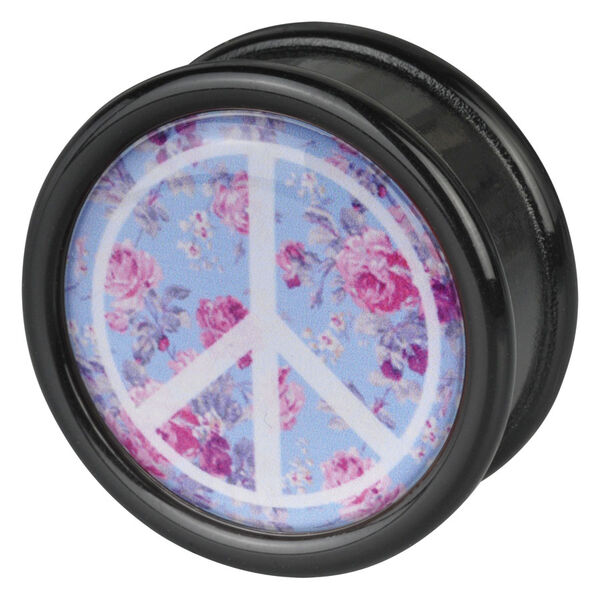 Schwarzer Plug mit Peace-Zeichen und rosa Rosen auf blauem Hintergrund