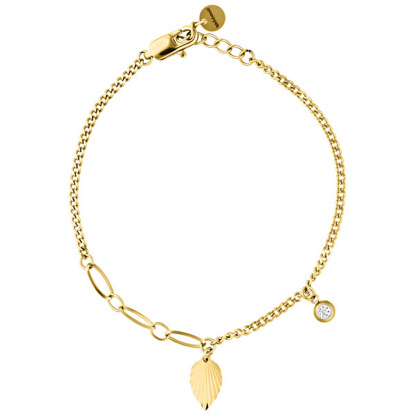 Goldenes Armband mit einem Blatt- und einem kleinen Diamantanhänger auf weißem Hintergrund