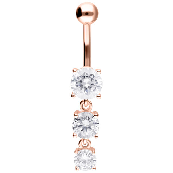 Piercing de ombligo de oro rosa con tres cristales claros sobre fondo blanco