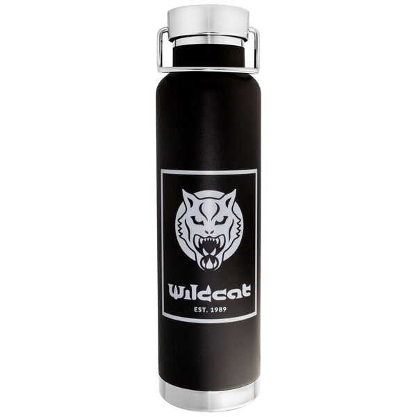 Musta tyhjiöeristystermos, jossa Wildcat-logo valkoisella taustalla