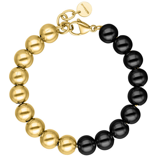 Pulsera de acero quirúrgico con esferas doradas y negras sobre fondo blanco