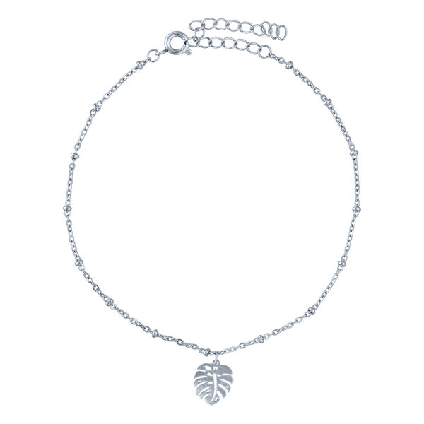 Tobillera de plata delicada con colgante de Monstera sobre fondo blanco