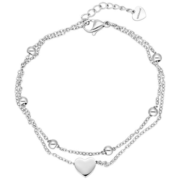 Pulsera de doble hilera en plata con colgante de corazón y bolas sobre fondo blanco