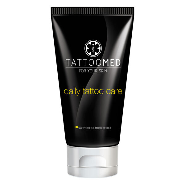 TattooMed® Crema Cura in tubo nero da 100ml su sfondo bianco