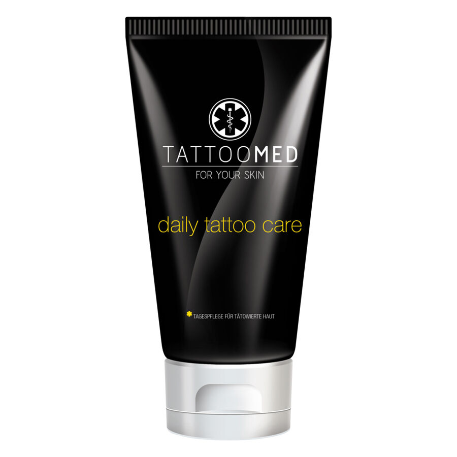 TattooMed® Crema de Cuidado en tubo negro de 100ml sobre fondo blanco