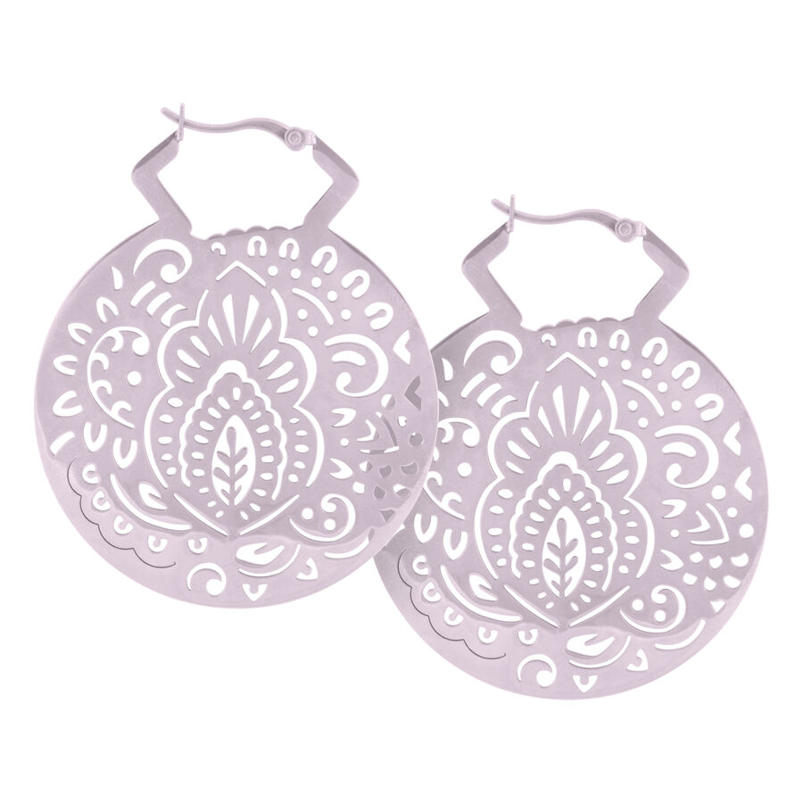 Orecchini Mehndi Hoops neri e argento con motivo delicato su sfondo bianco