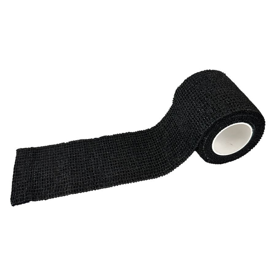 Musta, ei-kudottu Grip-sidos, osittain avattu, valkoisella taustalla