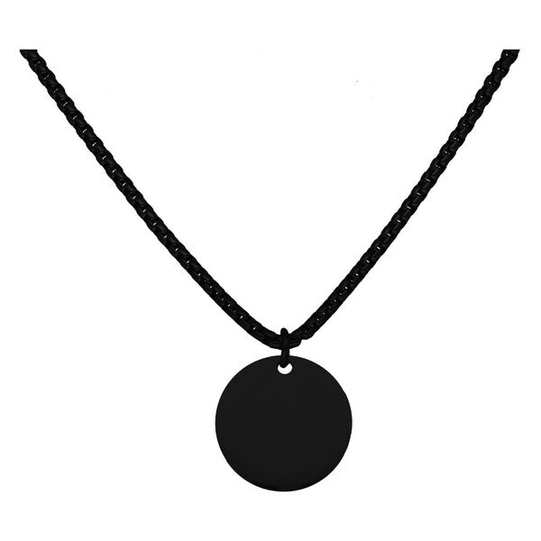 Cadena negra con colgante redondo de acero quirúrgico sobre fondo blanco