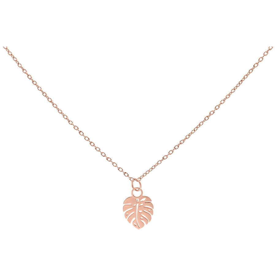 Collar con colgante de hoja de Monstera en oro rosa sobre fondo blanco