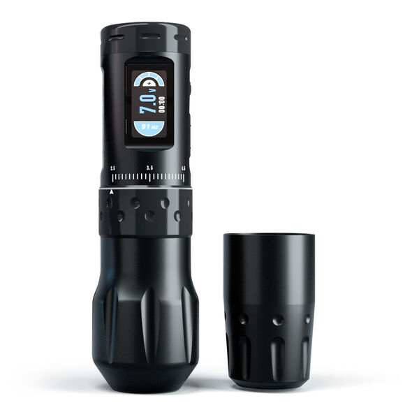 Macchina per tatuaggi wireless nera con due impugnature su sfondo bianco