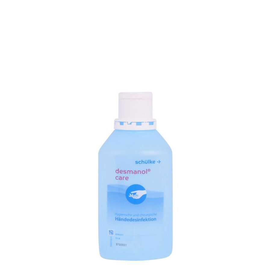 Bottiglia azzurra di Desmanol Care disinfettante per le mani con tappo bianco su sfondo bianco