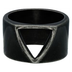 Schwarzer Vintage Dreieckring aus Stahl Schwarzer Ring mit Vintage-Dreieck-Design auf weißem Hintergrund